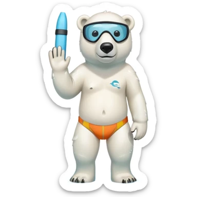 friendly anthropomorphised polar bear standing in a small puddle, wearing colorful board shorts, scuba mask over eyes, snorkel tube attached sticker