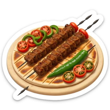 Adana kebab object icon, spicy grilled minced meat skewer, served on flatbread, grilled tomatoes and green peppers on the side, smoky char marks, juicy texture, 3D cartoon, mobile game icon style, centered, clean background, no text, no watermark
 sticker