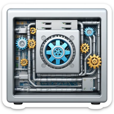 Computer server with gears and code symbols representing DevOps automation sticker