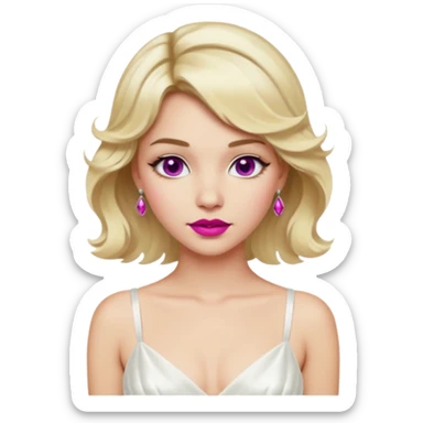 Bride with short wavy blonde hair, hot pink background and white silk chemise dress. Add fuscia background. Add fascia lipstick sticker