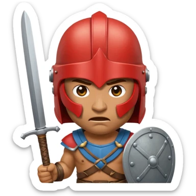 Emoji portrait of an entertainment slave (gladiator). He has an angry expression and wears a helmet, holding a short sword. sticker