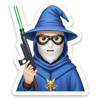 wizard with ski mask on and gun with laser beam sticker