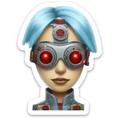 Light blue long hair female cyborg head with red steampunk goggles and circuits sticker