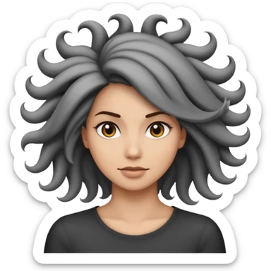 Minimalist emoji-style sticker of a woman’s head in profile, her hair spiraling into a vortex shape. Desaturated black and gray tones, emoji proportions.
 sticker