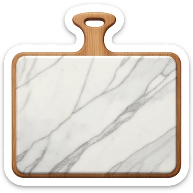 white marmor cuttingboard with a wooden grip all along the top side sticker