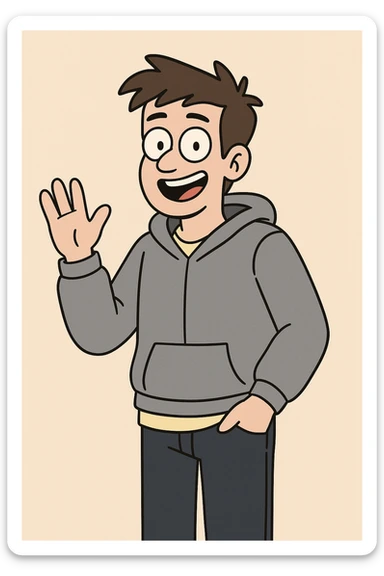 Pastel Yellow shirts Pacific Grey Hoodie dark blue jeans pockets a hand say hello sticker