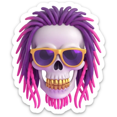 Remove the beard from the 3D cartoon skull with purple and pink ombre dreadlocks, gold teeth, and sunglasses. No tattoo on forehead. Keep the original 3D cartoon skull style. No background. sticker