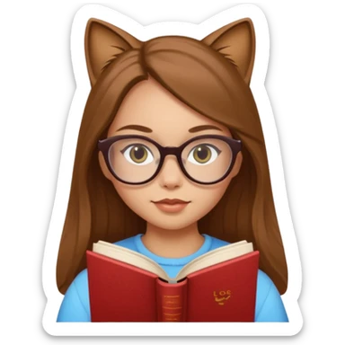 ACB clean beautiful girl long brown hair, wear glasses cat eye, reading a book sticker