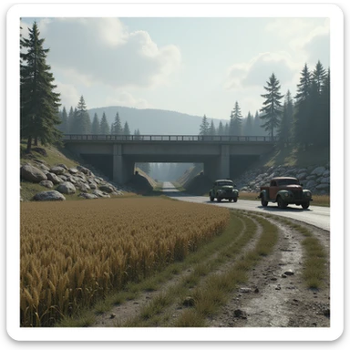  a screenshot of a location in a videogame  the image of the scene consists of:  [above-ground freeway partially collapsed], a wooded area, a small field of wheat, sandbag barricades. distant smoke. uneven terrain, derelict vintage work trucks, more distant smoke. polluted and war-torn sticker