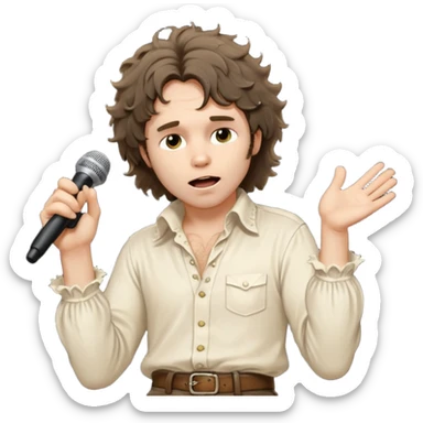 solarpunk realistic ultra HD - a thoughtful, messy, shaggy Jim Morrison in an ivory Victorian shirt, in an ecstatic dramatic pose, singing on stage sticker