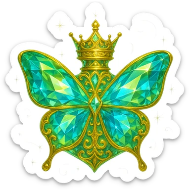 Create an impressive, luxurious crystal butterfly-shaped bottle with a short neck and a princess crown on top. Colors should be light green (#c0ff53), blue, and similar shades blending like a gemstone with many facets, glow, light refractions, and transparency. Add more details, ornaments, and subtle magical effects around to look fantasy style and very luxurious. Keep golden details, transparent background, a beautiful merging bottom, and the bottle floating in the air with no base or shadow. The style should be elegant and fantasy-inspired crystal art. sticker