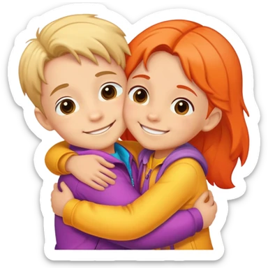 Cute colorful sticker: two small children hugging each other. The kids are smiling, wearing bright clothes. Style: cartoonish, cute, warm, with soft lines. White or transparent background. sticker