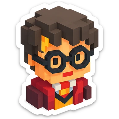 3D Minecraft-style voxel emoji of a Harry Potter character, blocky and cubic, with round glasses and a lightning bolt scar sticker