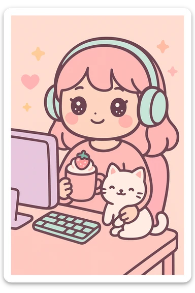 kawaii style chill girl sitting at a computer table, listening to music with headphones, holding a cup of strawberry cappuccino, her cute white cat sitting on her lap, pastel colors, cozy atmosphere, simple background sticker