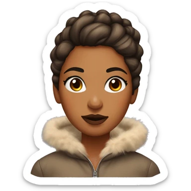 girl with orange skin, brown hair in a messy bun, with a shiny coat with fur hood, large eyebrows and lightly coloured lips,heavy bronzer  sticker