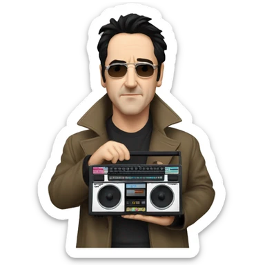 john-cusack-holding-boombox-above his head wearing trench coat  sticker