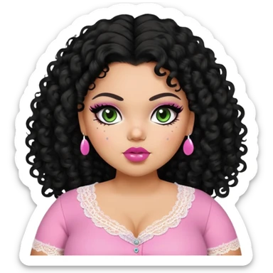 big fat plus size, pretty bratz girl, black curly hair, freckles, dark green eyes, pink lips, black eyeliner, tan skin, cute lace girly clothes sticker