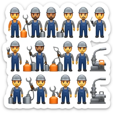 Professional custom emojis of industrial workers: welder, grinder, CNC operator, spray painter, metalworker. Modern, clean, slightly 3D style. Industrial color palette: steel gray, navy, orange. Transparent background sticker
