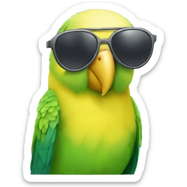 A yellow parakeet bird with sunglasses sticker