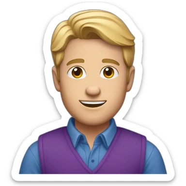 white male in blue fleece vest and purple button up shirt sticker