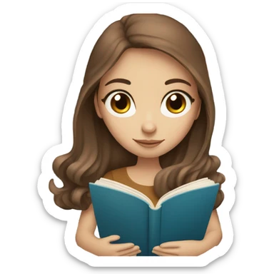 White girl with long brown hair blue eyes reading a book sticker