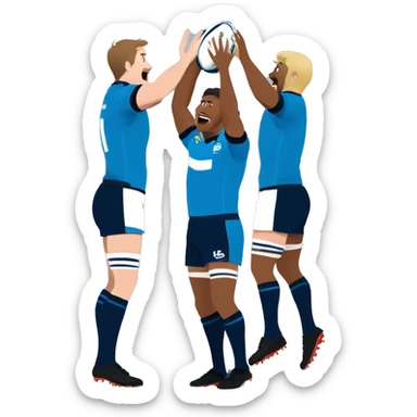 two rugby players lifting another player to catch a ball in a lineout, all players wearing blue kit sticker