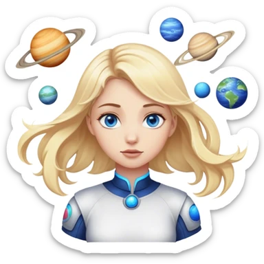 A blonde with blue eyes stands while the planets spin sticker