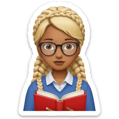 A student, girl, brown skin, braid blonde hair, wearing glasses, hold red book in front of their chest sticker