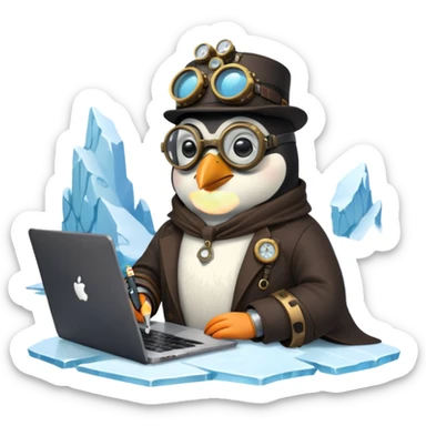 an steampunk engineer penguin writing code on a laptop, on an iceberg sticker