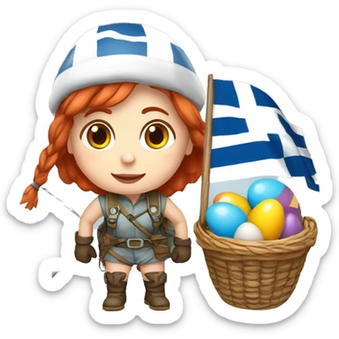 Greek Female winter mountaineer red hair white skin climbing with Greek Flag and Easter eggs basket sticker