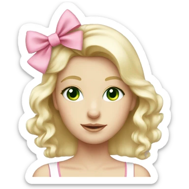 Blonde girl green eyes with pink bow in her hair and white kitten sticker