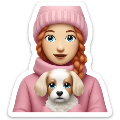 Woman with red hair and blue eyes wearing pink winter clothes holding a small white dog with fluffy fur  sticker