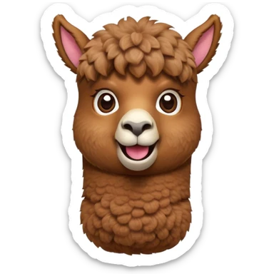 Cinematic Comical Brown Alpaca Portrait Emoji, Head tilted dramatically with an exaggeratedly amused expression, featuring a striking, plush brown fleece with playful texture, wide, expressive warm eyes filled with playful disbelief, Simplified yet hilariously expressive features, highly detailed, glowing with a slightly sassy glow, high shine, dramatic yet playful, stylized with an air of cheeky mischief, bright and endearing, soft glowing outline, capturing the essence of a spirited and over-the-top alpaca, so meme-worthy it feels like it could side-eye its way into internet fame instantly! sticker