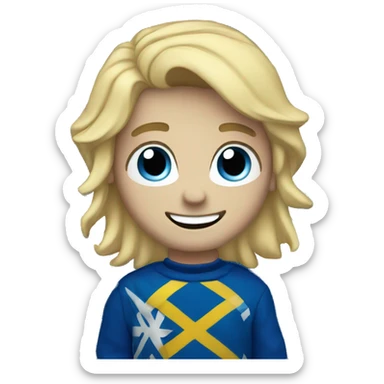 Male with blonde hair and blue eyes waving hand smiling with a Scotland flag sticker