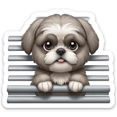 cute all grey shih tzu peeking through window blinds with one paw holding down the shade behind the shade sticker