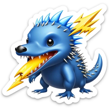 a fantastical dangerous and spooky electric platypus merged with a hedgehog with sharp teeth, metal electric spikes, and strong fangs, electricity and lightning coming, menacing look, yellow and blue lightning bolts sticker