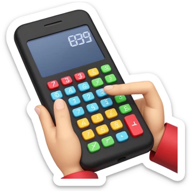 3D iPhone style emoji of a person using a calculator, finger pressing colorful buttons, digital display showing numbers, isolated on white background, soft shadows, high detail, playful and cute. sticker