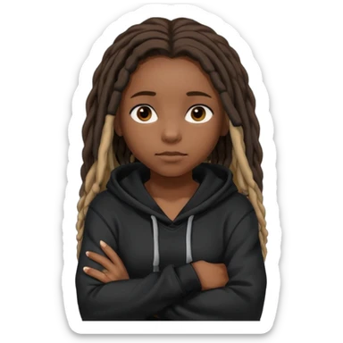 African American dark skin girl with shoulder length dreadlocks wearing a plain black hoodie with her arms folded across her chest sticker