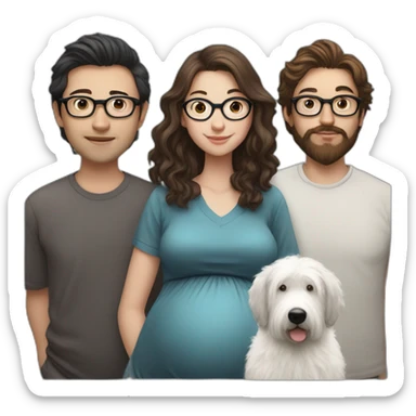 Hyperrealist pregnant girl with half long brown hair with glasses, a boy with long beard, glasses and short hair and english sheepdog sticker