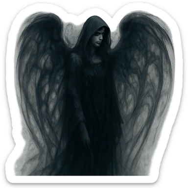 A dark angel with shadowy wings and a mysterious presence, in a dark fantasy style with a hint of mystery. sticker