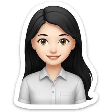 girl with long ash black hair, gray eyes, white shirt, smiling sticker