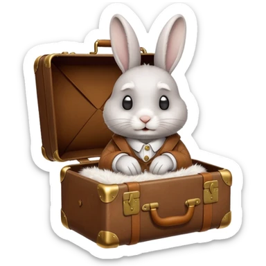 A curious rabbit nudging a tiny suitcase with its nose sticker