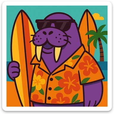 Add a surfboard to the purple walrus in sunglasses and a Hawaiian shirt, keep the cartoon style vibrant. sticker
