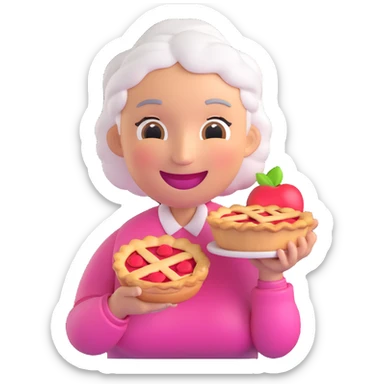 3D smiley emoji, round shape, grandmother holding an apple pie, pink color, smiling face sticker