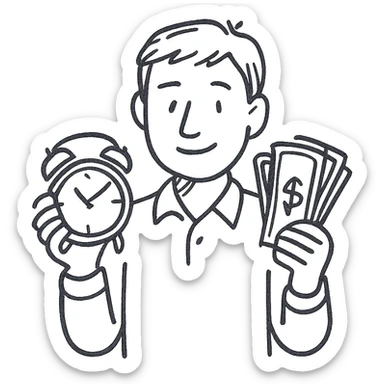 A man with short brown hair holding an alarm clock and money sticker