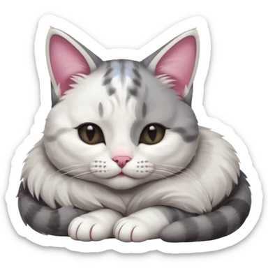 grey and white small cat with its eyes closed lying down with its head resting own paw sticker