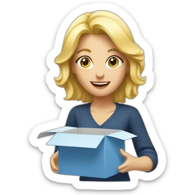 a blond woman opening a box sticker