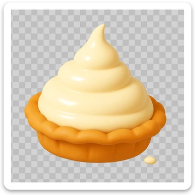 Frame 2 of 15: Intact cream pie, very tiny cream splatter just starting, playful 3D emoji style, golden brown crust, same angle as reference. sticker