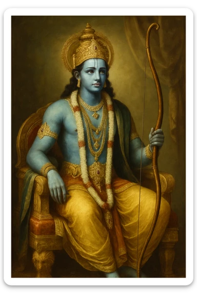 Lord Srirama classical painting style, detailed ornaments, royal posture, holding a bow, soft lighting, rich colors sticker