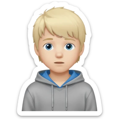 Teen boy with blue eyes and Grey hoodie standing up with blond short hair and fluffy bangs sticker
